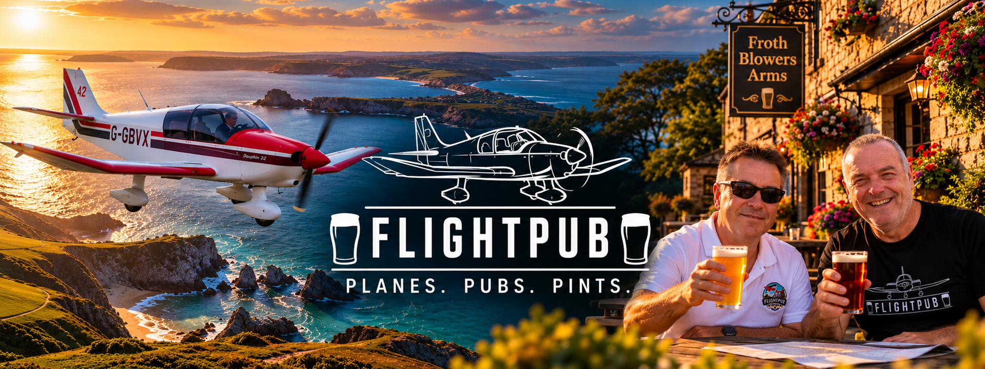 FlightPub — Planes, Pubs, Pints. G-GBVX over the coast, with Gavin and Pete outside a pub.